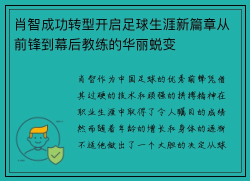 肖智成功转型开启足球生涯新篇章从前锋到幕后教练的华丽蜕变