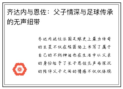 齐达内与恩佐：父子情深与足球传承的无声纽带