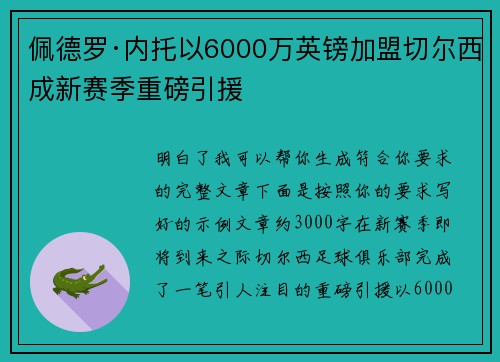 佩德罗·内托以6000万英镑加盟切尔西成新赛季重磅引援