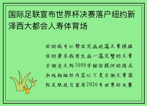 国际足联宣布世界杯决赛落户纽约新泽西大都会人寿体育场