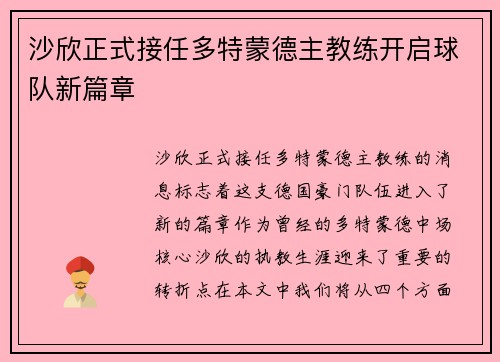 沙欣正式接任多特蒙德主教练开启球队新篇章